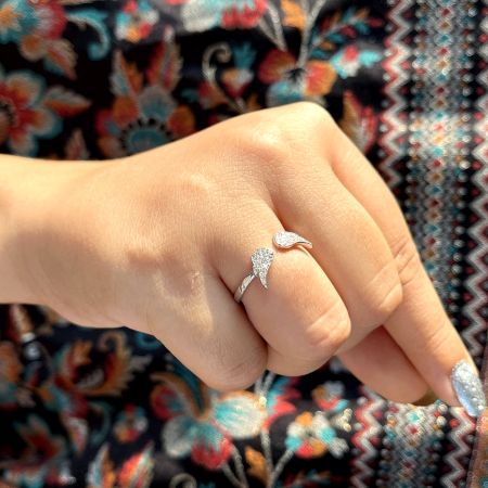 92.5 Sterling Silver Studded Wings Adjustable Statement Ring